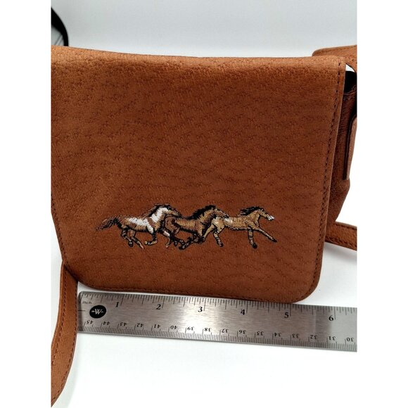 Brown Faux Leather Crossbody Bag With Embroidered Running Horses Design - Picture 8 of 10
